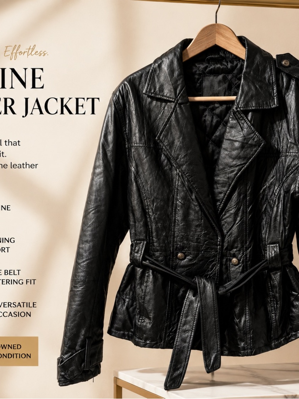 Black Women's Faux Leather Belted Jacket
